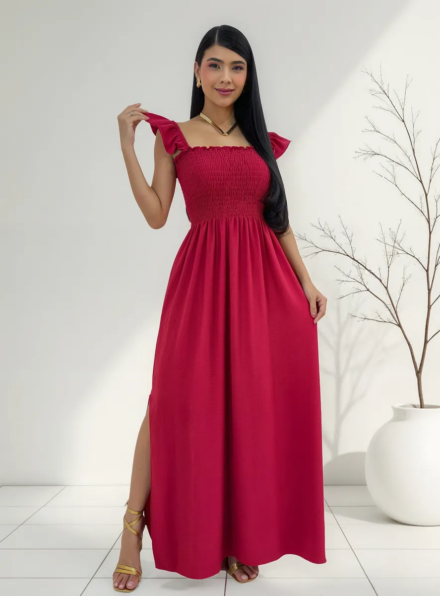 Vestido Longo Feminino Casual Lastex Alcinha Fenda: caimento perfeito, fresquinho e elegante para o dia a dia