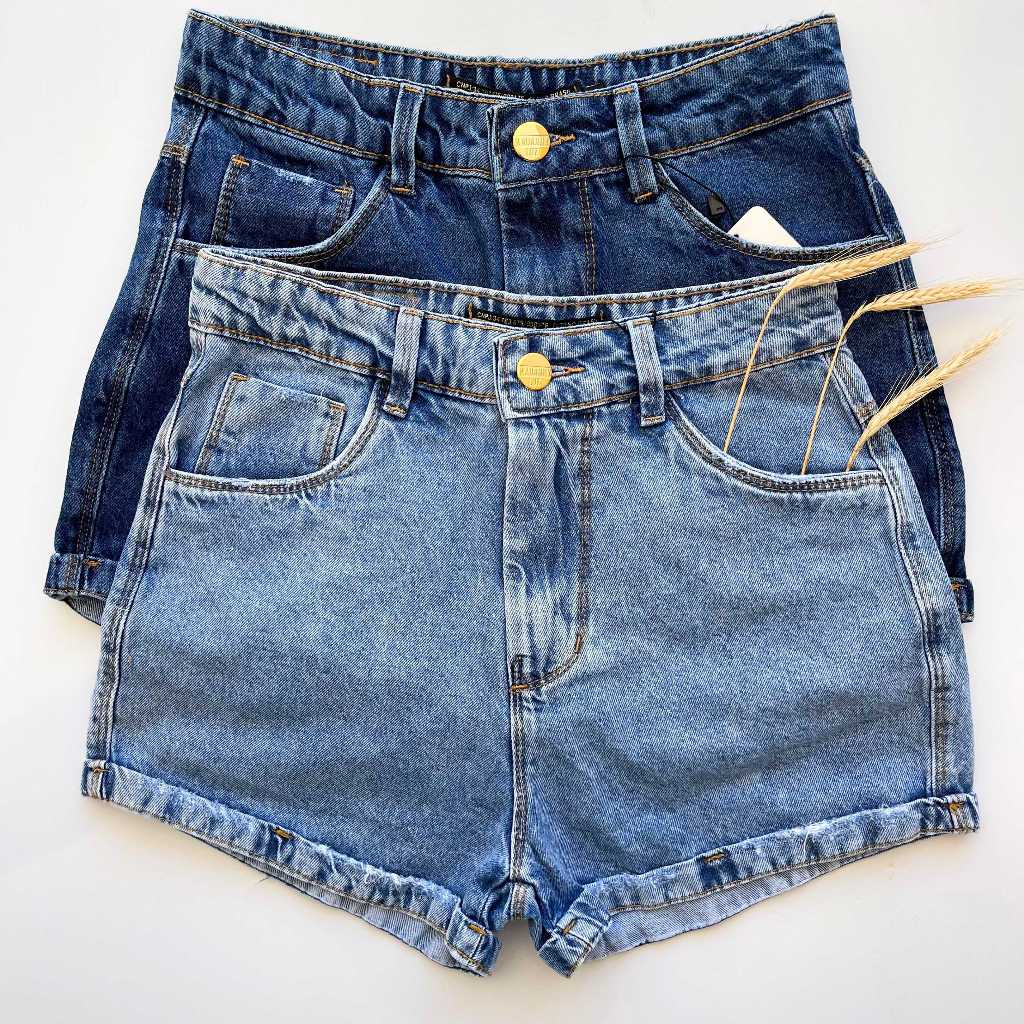 Short jeans feminino cintura alta barra virada e puído