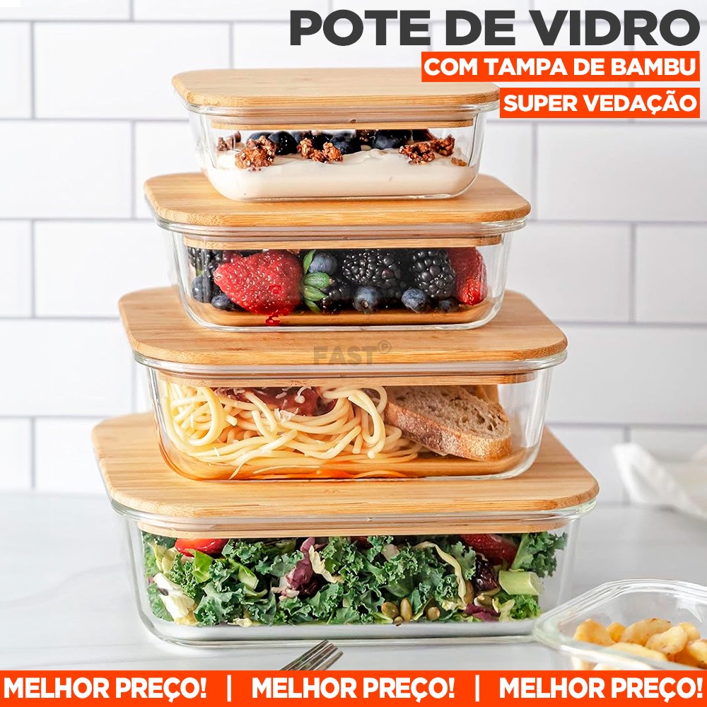 Kit 3 Potes de Vidro Com Tampa de Bambu Porta Mantimentos Organizador de Geladeira Marmita Forno Microondas e Freezer