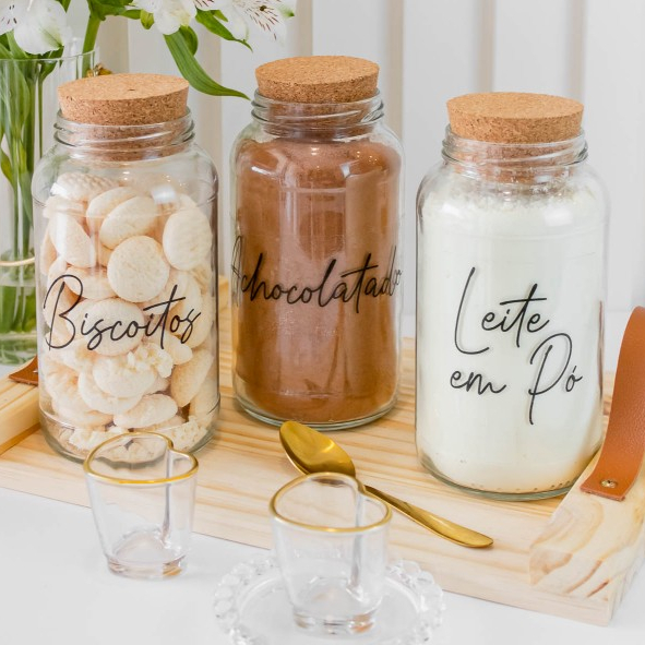 Kit Cantinho do Café - Achocolatado, Leite em Pó e Biscoitos | 3 potes de Vidro 810ml com Tampa Rolha + Adesivos