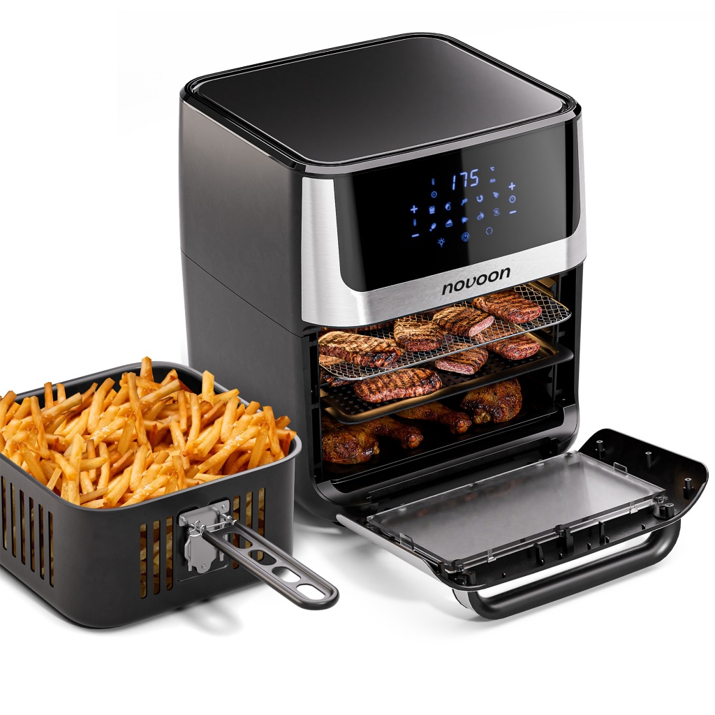 Air Fryer Digital Novoon 12L - Fritadeira Elétrica Sem Óleo Preta Inox com Tampa de Vidro 127v/220v