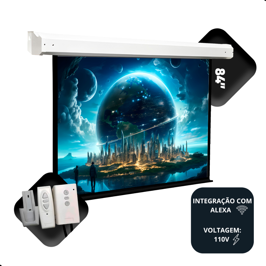 Tela De Projeção Elétrica 84pol Retratil Com Controle Remoto Automação Com Alexa