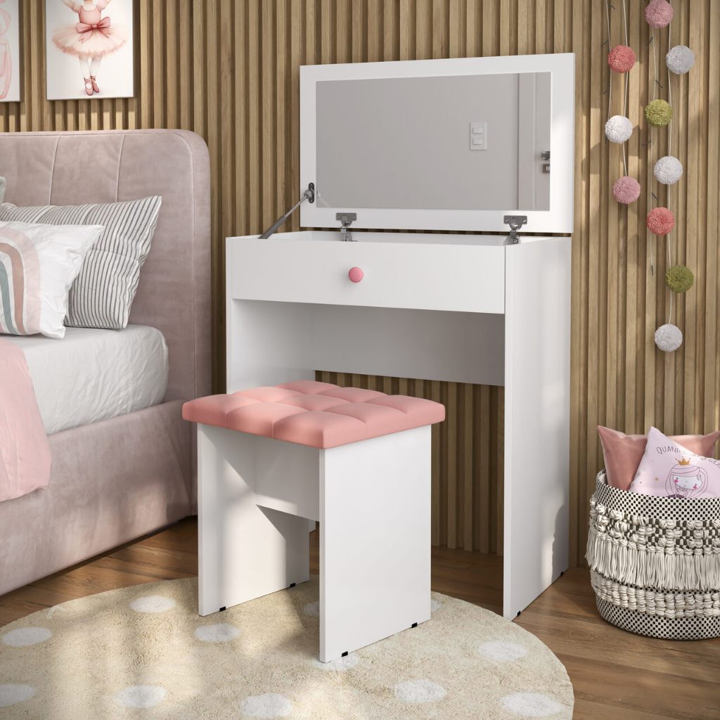 QUEIMA DE ESTOQUE PROMOÇÃO! Penteadeira Escrivaninha Mesa Camarim Com Espelho e Gaveta e Banqueta Rose