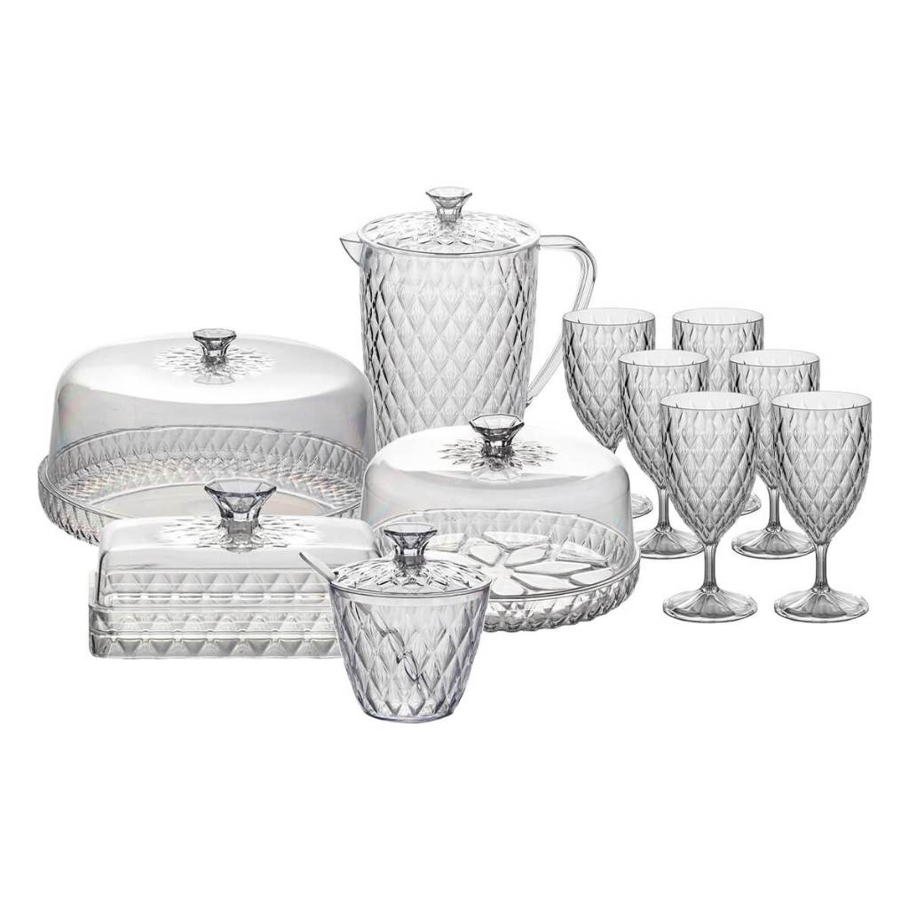 Kit Cozinha Mesa Posta Glamour Café da Manhã/Tarde Jarra Queijeira Manteigueira Açucareiro e Boleira