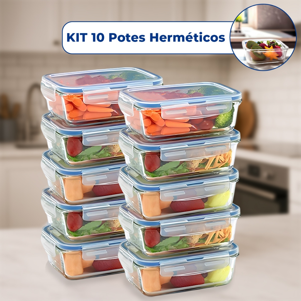 Kit 10 Pote de Vidro Hermético Retangular 4 Travas Marmita Fit Microondas Mantimentos