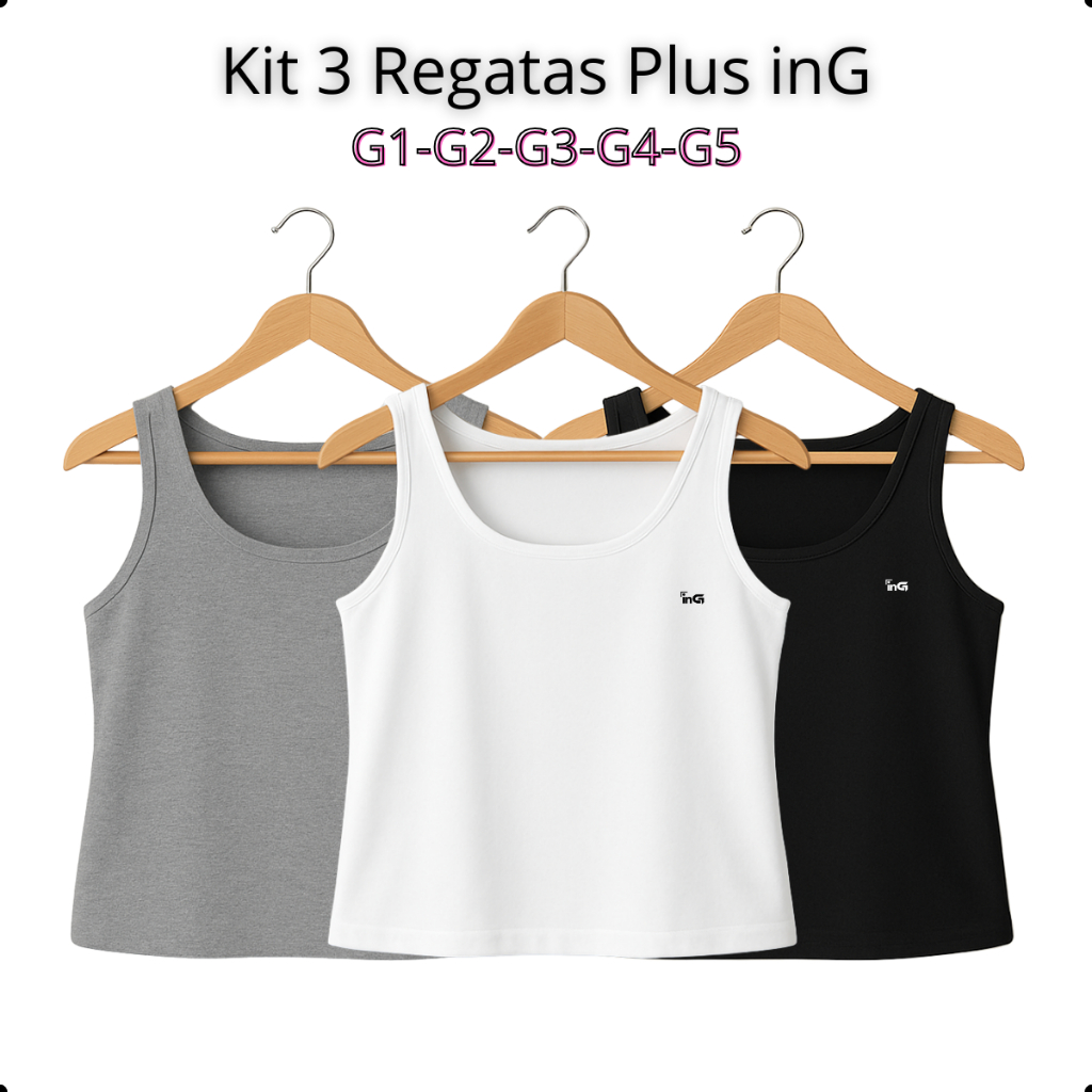 KIT 3 Regata Plus Zise Blusinha Feminina Lisa Básica Elegante Blogueira Tendencia G1,G2,G3,G4,G5