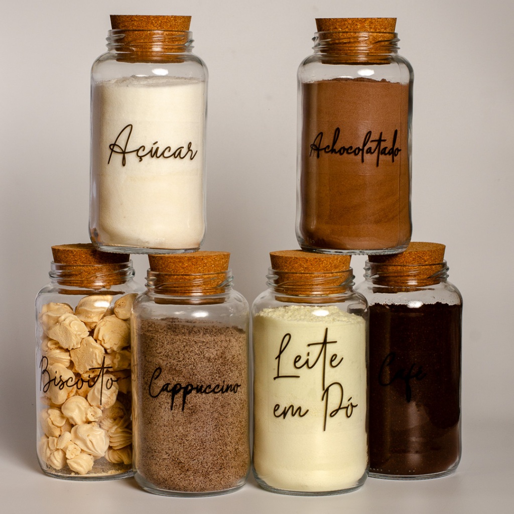 Kit Cantinho do Café - ESCOLHA SEU KIT - Potes de Vidro 830 ml com Tampa de Cortiça + Adesivos