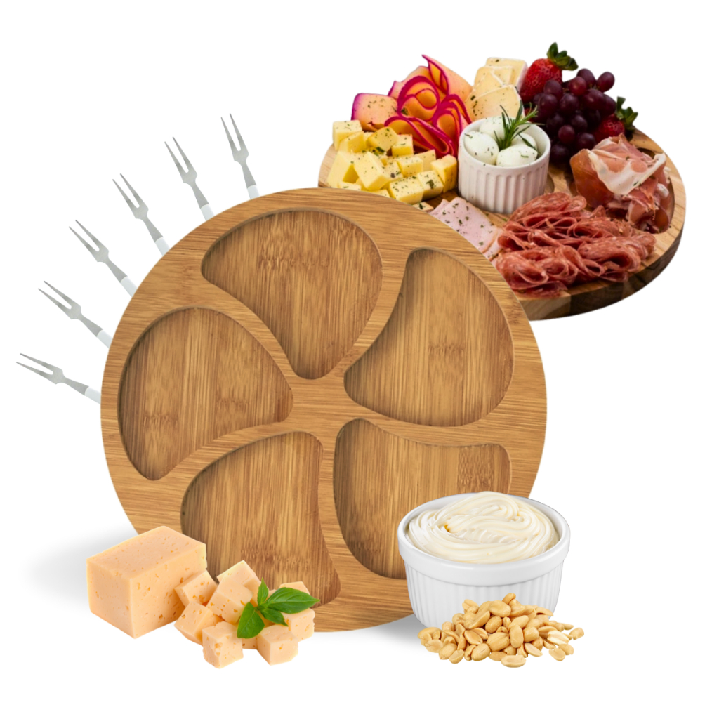 Kit Petisqueira Redonda Para Frios Queijo Com Molheira Ramekin e Garfinhos para Petiscos