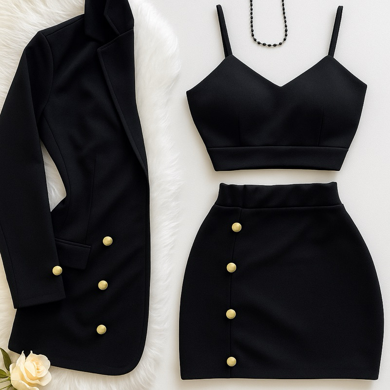 Conjunto Feminino Kit 3 Peças Blazer Manga longa Short Saia e Cropped. Conjuntinho 3 em 1 com casaco Alfaiataria