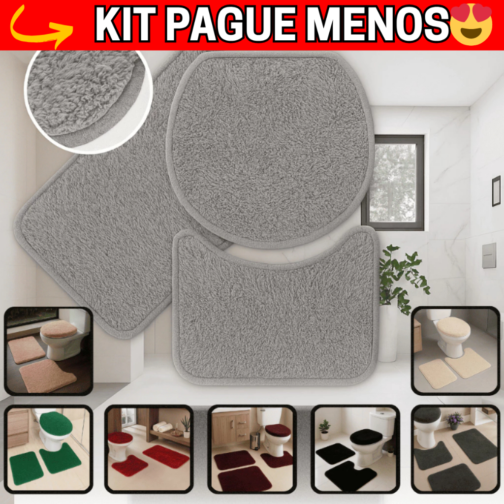 Tapete para Banheiro 3 Peças Pelúcia Algodão Macio Antiderrapante Rosa Preto Marfim Branco Cinza