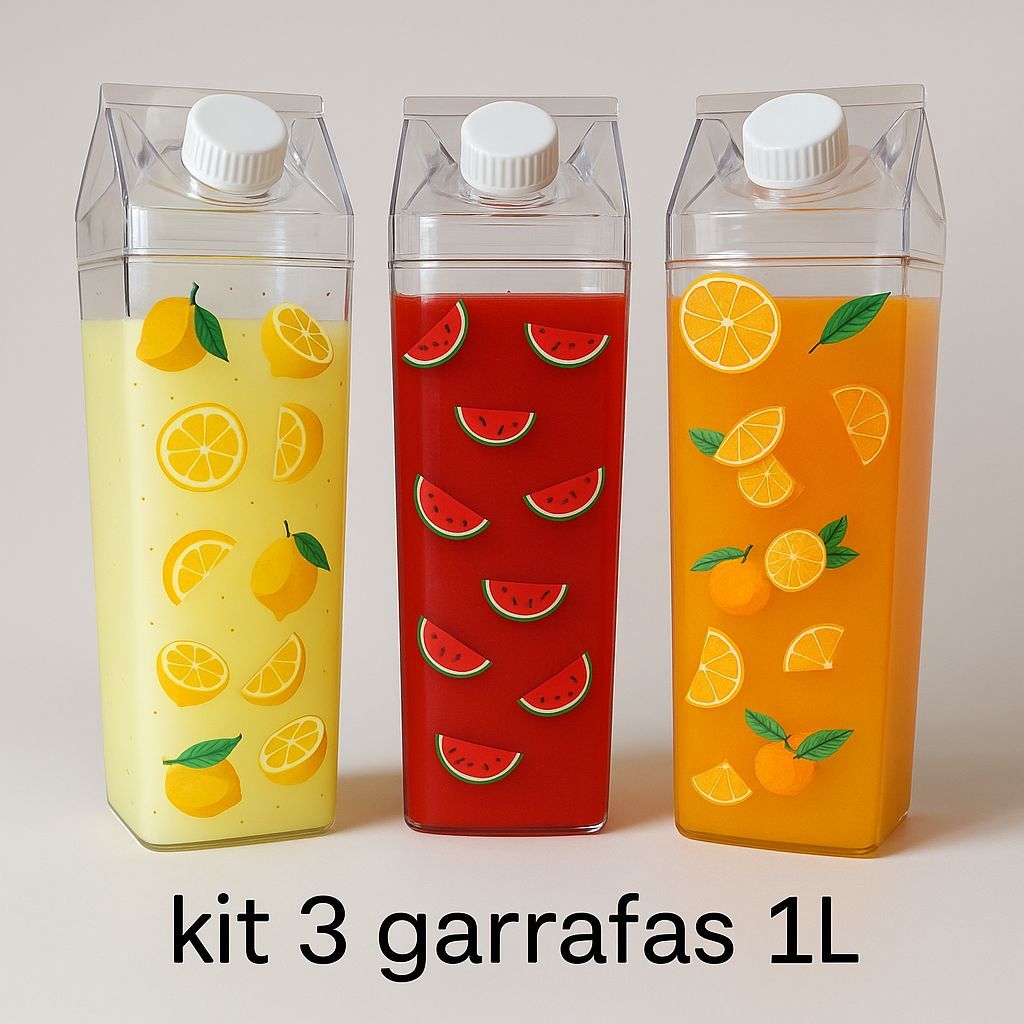 Kit 3 Garrafa de Acrílico Plástico Sem BPA Resistente Geladeira Suco Leite Chá Quadrada Resistente1L