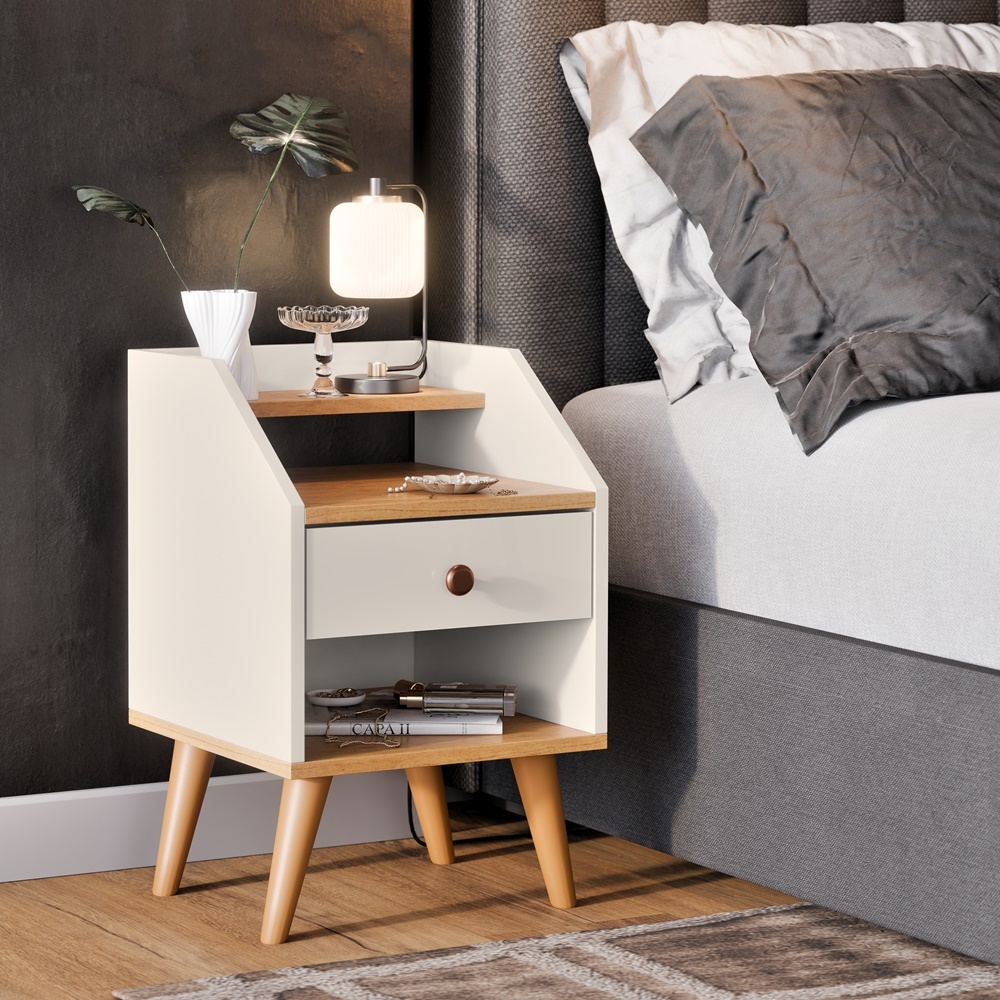 Mesa de Cabeceira Retrô Pé Palito Várias Cores Mesinha Com Prateleira