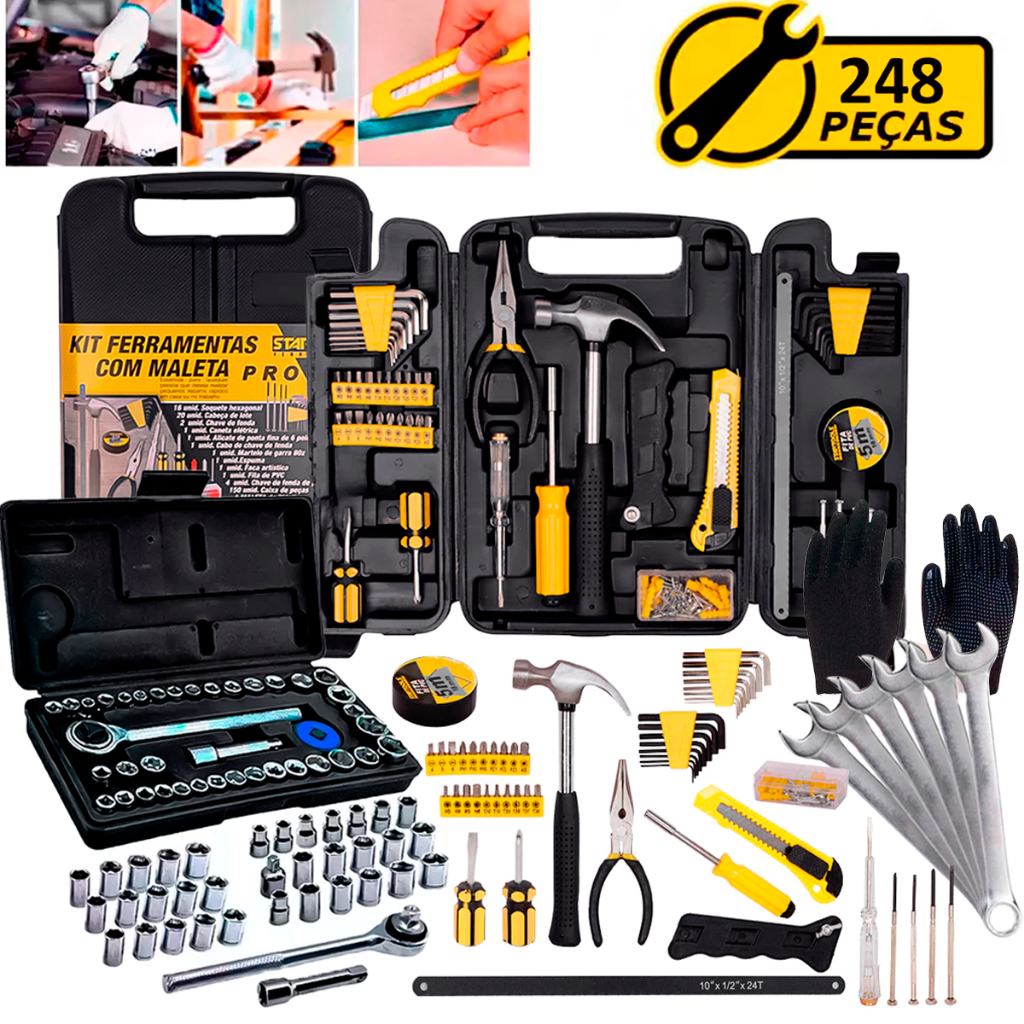 Kit Jogo Ferramentas 248 Peças Maleta Serviço Gerais Soquetes Chaves Combinada Luva Pigmentada
