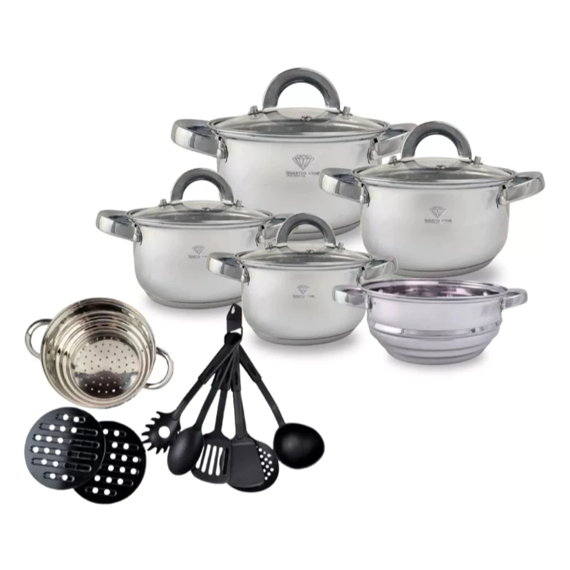 Jogo de Panelas 19 Peças Aço Inox Original + Acessórios com Fundo 3 Camadas Indução e Gás