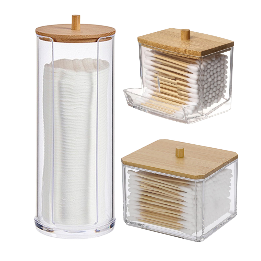 Organizador de Cosméticos Acrílico Porta Algodão Cotonete tampa Bambu