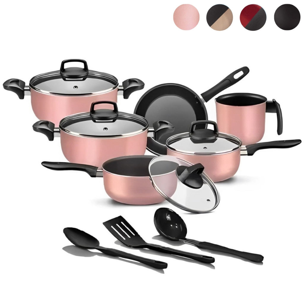 Jogo De Panelas Antiaderente 9 Peças Kit Conjunto Teflon Tampa de Vidro Várias Cores Durável Moderna