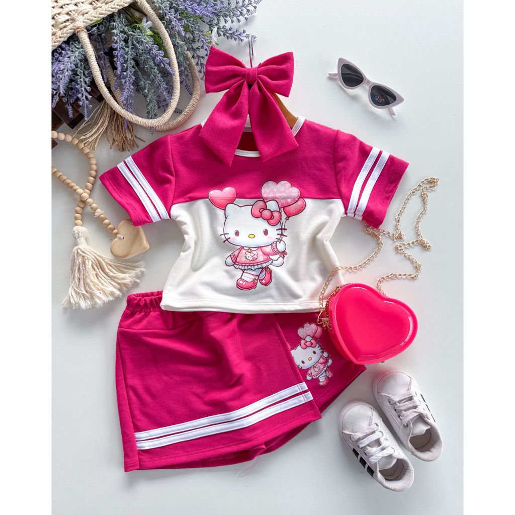 Conjunto Shorts Saia Infantil Menina Hello Kitty do 4 ao 10 Moda Gringa Natal
