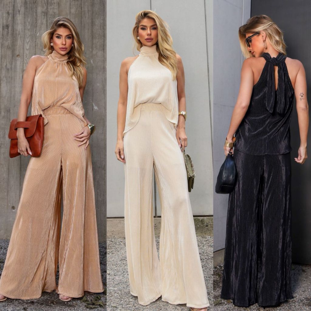 Conjunto Feminino Plissado Calça Pantalona e Blusa Frente Única Elegante