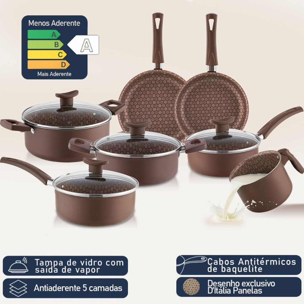 Jogo De Panelas D'Itália 10 Peças Disegno Marrom Antiaderente Tampa De Vidro Com Desenho Exclusivo