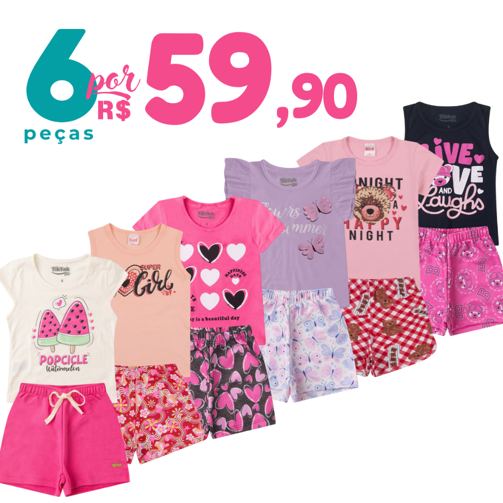 Kit 6 Peças de Roupas Infantil Menina Verão