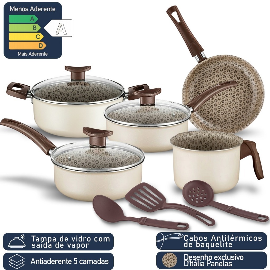 Jogo Panelas Antiaderente D'Itália Linha Disegno Alumínio Desenho Exclusivo 8 Peças Tampa Vidro