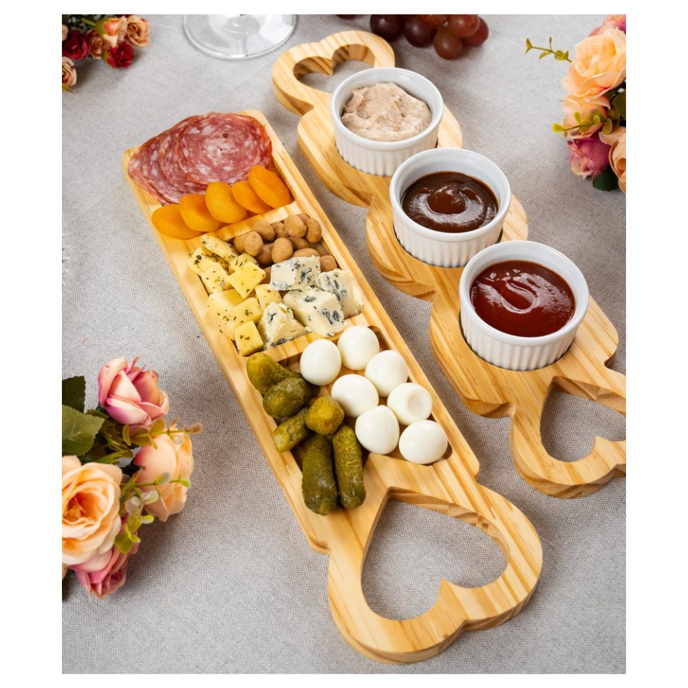 Petisqueira de Madeira Kit Petisqueira para Molhos com Trio de Ramequin de Porcelana Branca