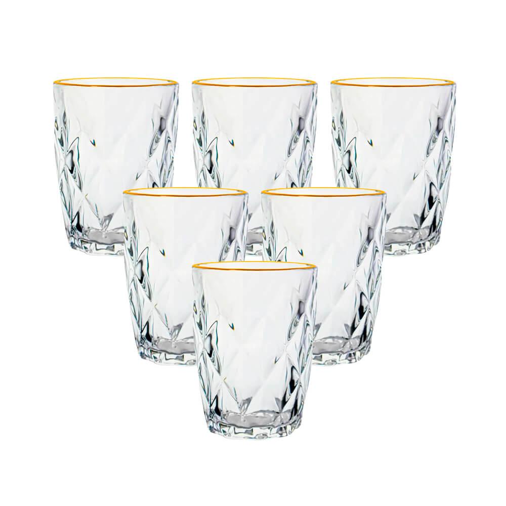 Jogo De Copos De Vidro Diamond Fio De Ouro 270ml 6 Peças - Lyor