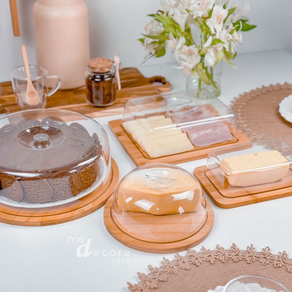 Kit Café da Manhã 4 ITENS Boleira + Manteigueira + Porta Frios Bambu + Queijo BAMBU Para mesa posta