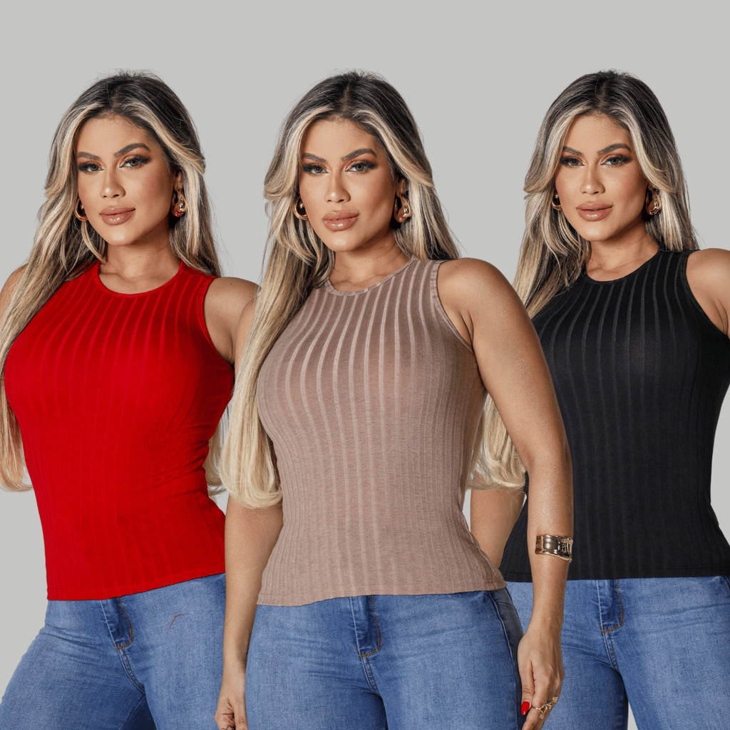 Kit 3 Blusa Feminina Regata T-shirt Canelada P ao GG Moda Premium