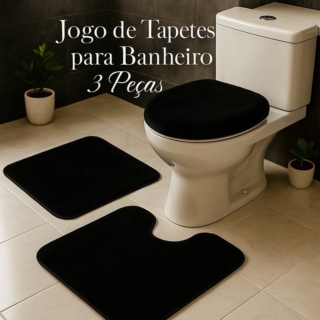 Jogo de Tapetes para Banheiro 3 Peças | Algodão Pelúcia Macio Antiderrapante – Cores: Rosa, Preto, Marfim, Branco, Cinza