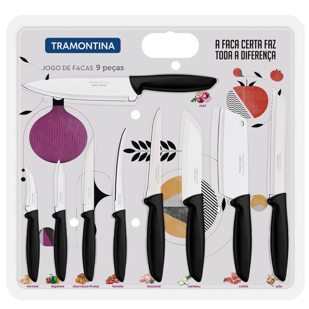 Jogo de Facas Tramontina Plenus com Lâminas em Aço Inox e Cabos de Polipropileno Preto 9 Peças