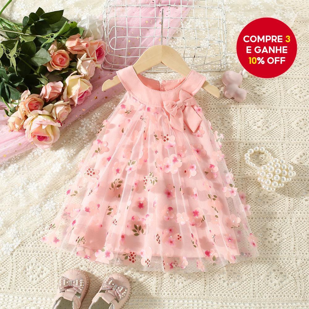 Adorável Vestido Infantil Feminino Sem Mangas Rosa Com Estampa Floral , Perfeito Para Festas E Uso Diário