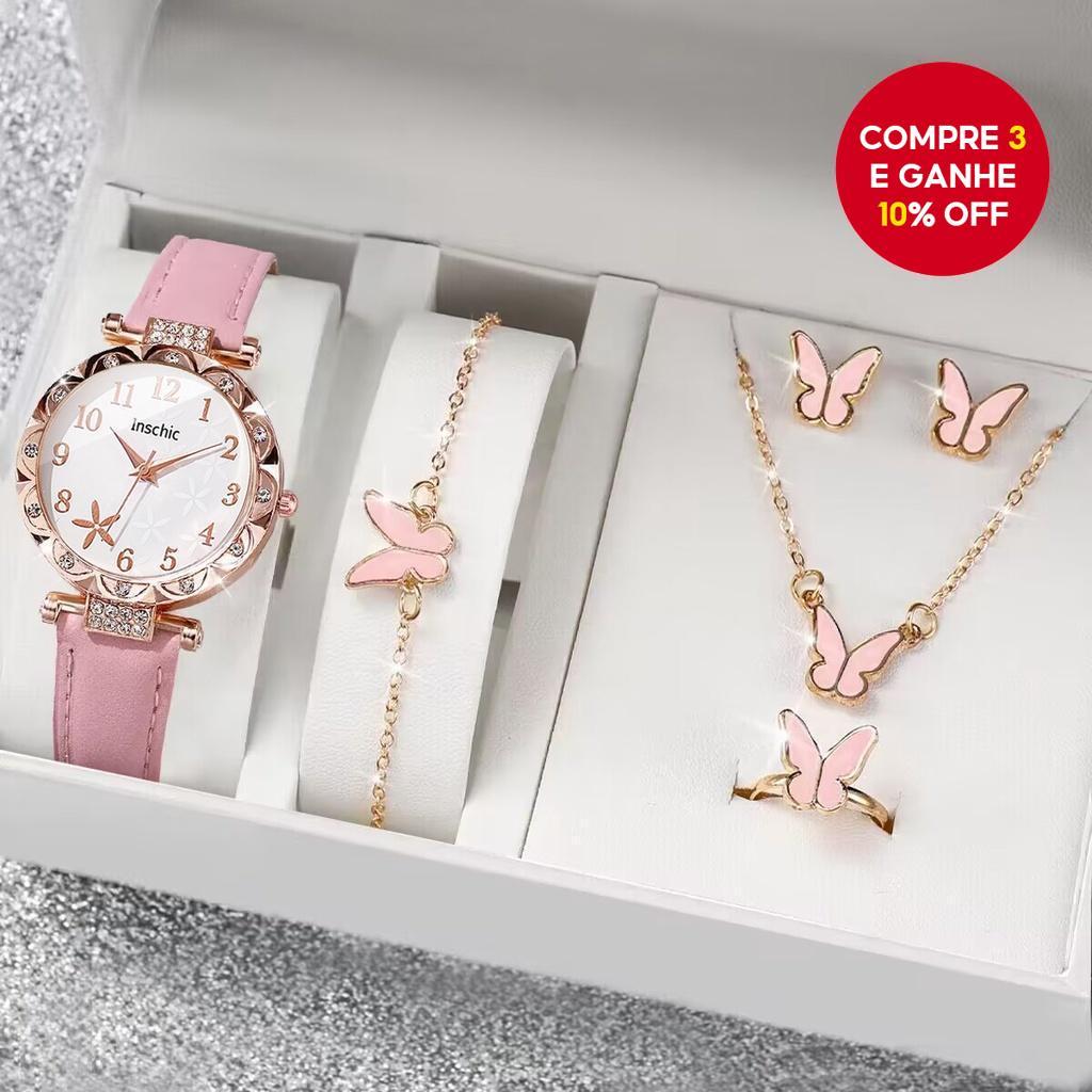 Moda Flor Feminina Relógio Casual Couro Banda Quartzo Jóias Presente Conjunto