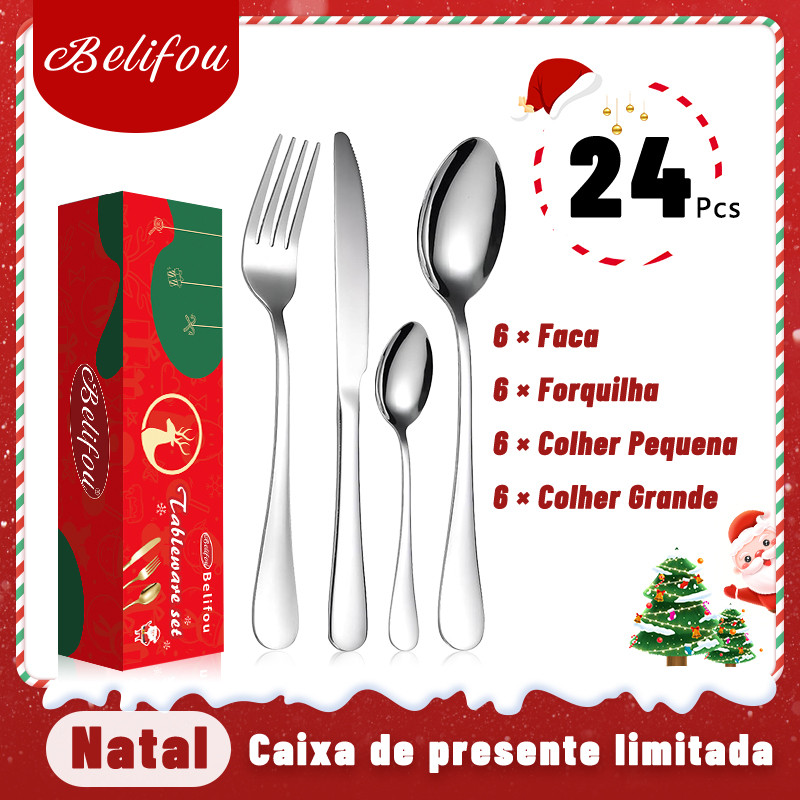 Belifou Kit 24 Natal Jogo De Talheres Para Bife Aço Inoxidável 416 Prata Com Colher Pequena