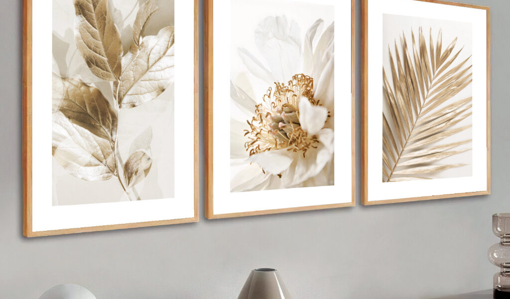 Kit 3 Quadros Decorativos Folhagem Dourada Gold Moldura 40X60 cm Sala Grande Moderno