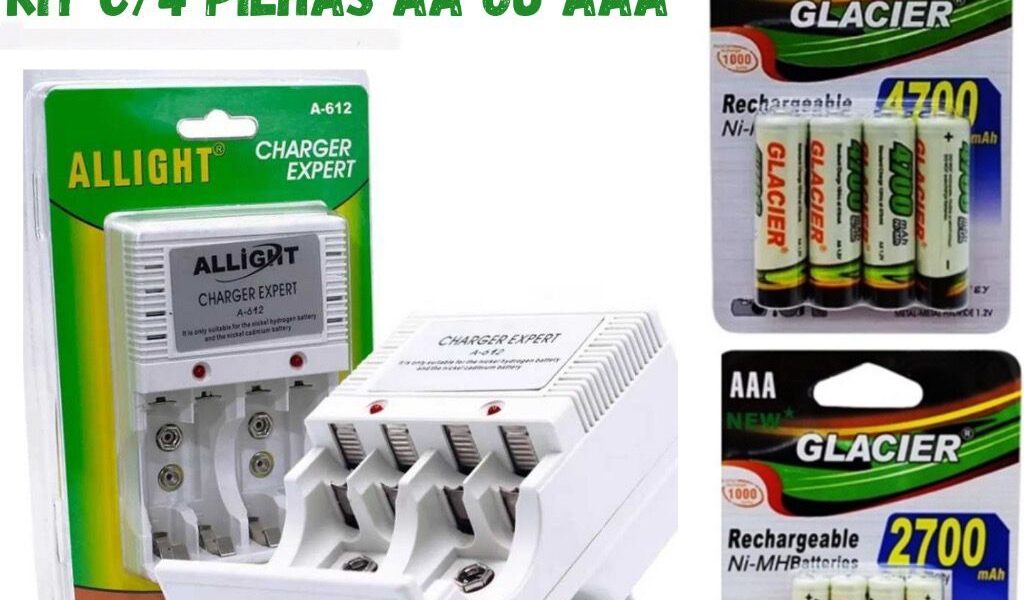 Kit Carregador De Pilhas AA/AAA/Bateria 9v Recarregáveis