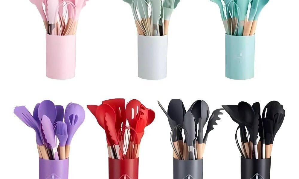 KIT de Utensílios Para Cozinha em Silicone e Bambu 12 Peças