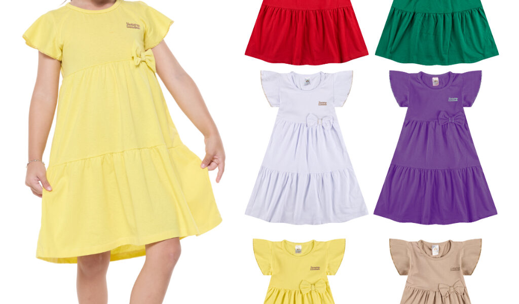 Kit 4 Vestido Infantil Menina Verão Três Marias 100% Algodão Com Laço - Kit Sortido Tamanhos 1 ao 12