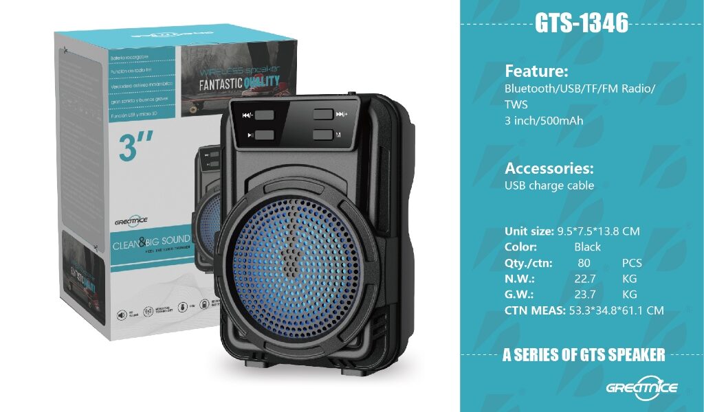 Caixa de som GTS-1346 bluetooth sem fio protátil led recarregável FM