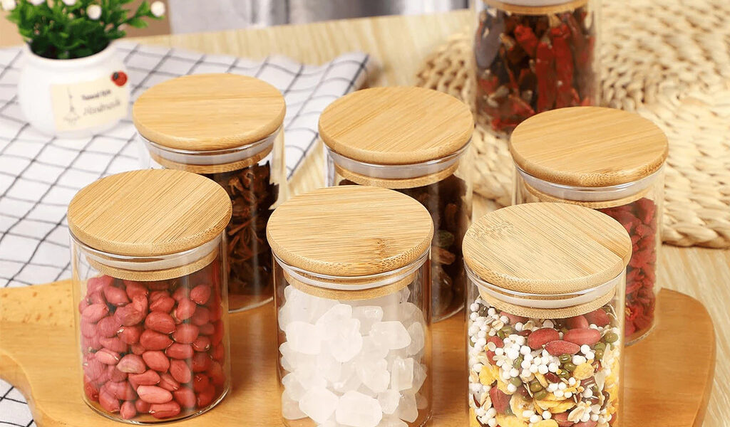 Kit 6 Pote de Vidro com Tampa Bambu 200ML Potes Herméticos Porta Mantimen Hermético à Prova de Odores