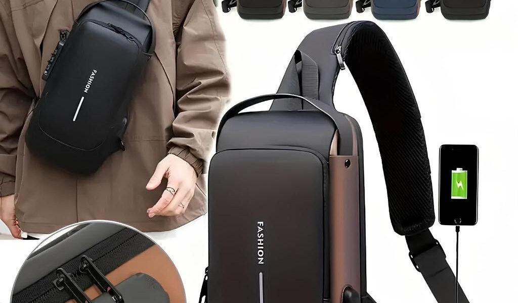 ​Mochila Peito Ombro Bolsa Pochete Masculina Transversal Impermeável USB Cadeado Antifurto