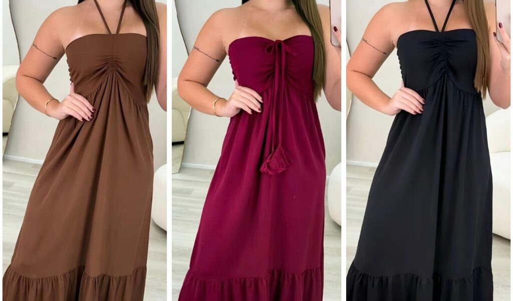 vestido longo feminino tomara detalhe no busto