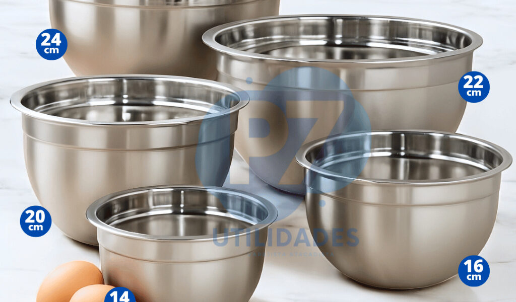 Jogo de Bowl Inox 5 Peças Tigela Inox Empilhável 14cm 16cm 20cm 22cm 24cm Gamela Bacia Cozinha