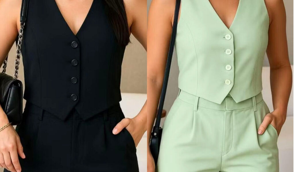 CONJUNTO FEMININO SOCIAL EN ALFAIATARIA PERFEITO PARA TRABALHO OU PASSEIO COLETE E SHORTS