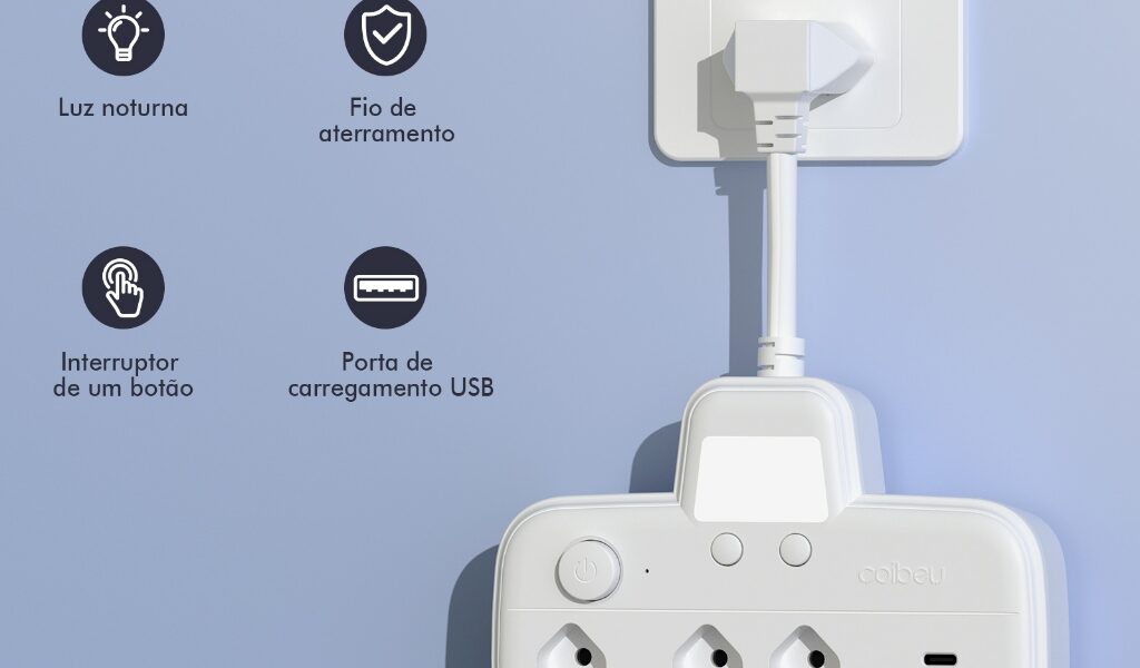 COIBEU Tomada de extensão com tomada + USB + tomada Tipo-C, cofre e anti-choque elétrico