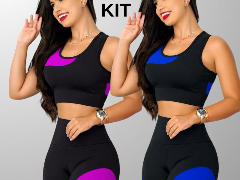 Kit 2 Conjuntos Academia Feminina – Top + Shot Cintura Alta e Modeladora