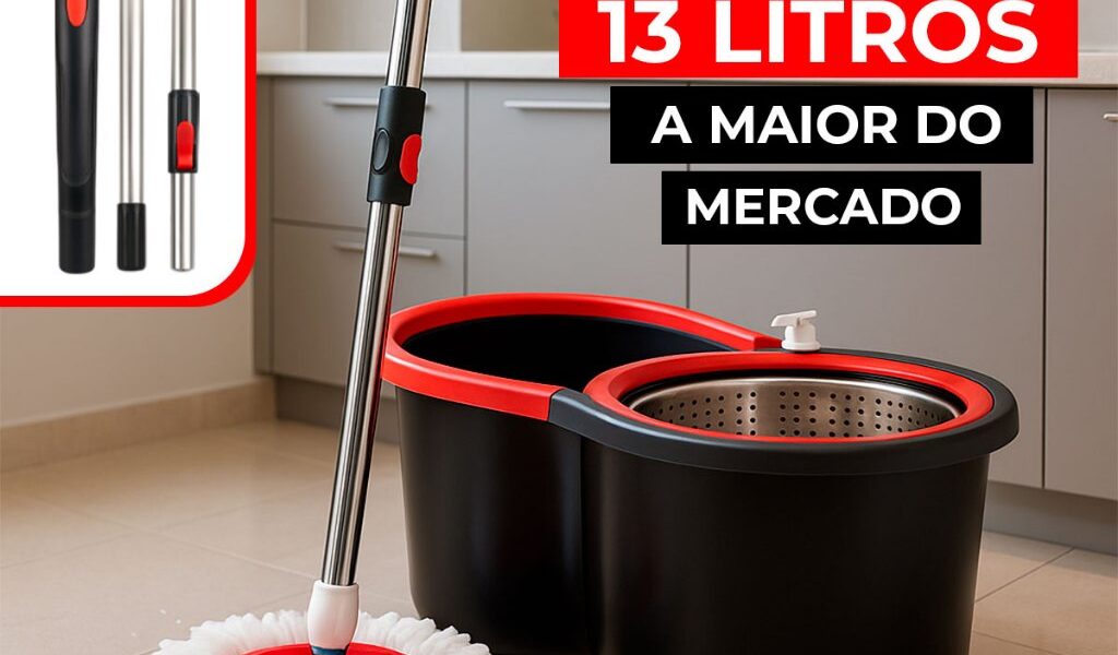 Mop Giratório Esfregão Cesto Inox Rodinhas Balde Centrifuga Cabo 140CM