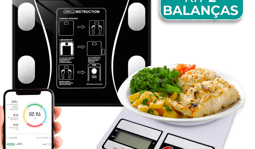 Kit 2 Balanças Digital Cozinha e Bioimpedância Para Dieta e Nutrição Fitness OliverHome