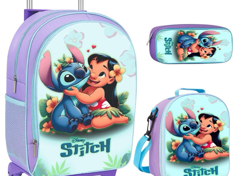 Kit escolar Mochila Infantil Rodinha Feminina Lilo e Stitch Escolar + Lancheira Termica + Estojo