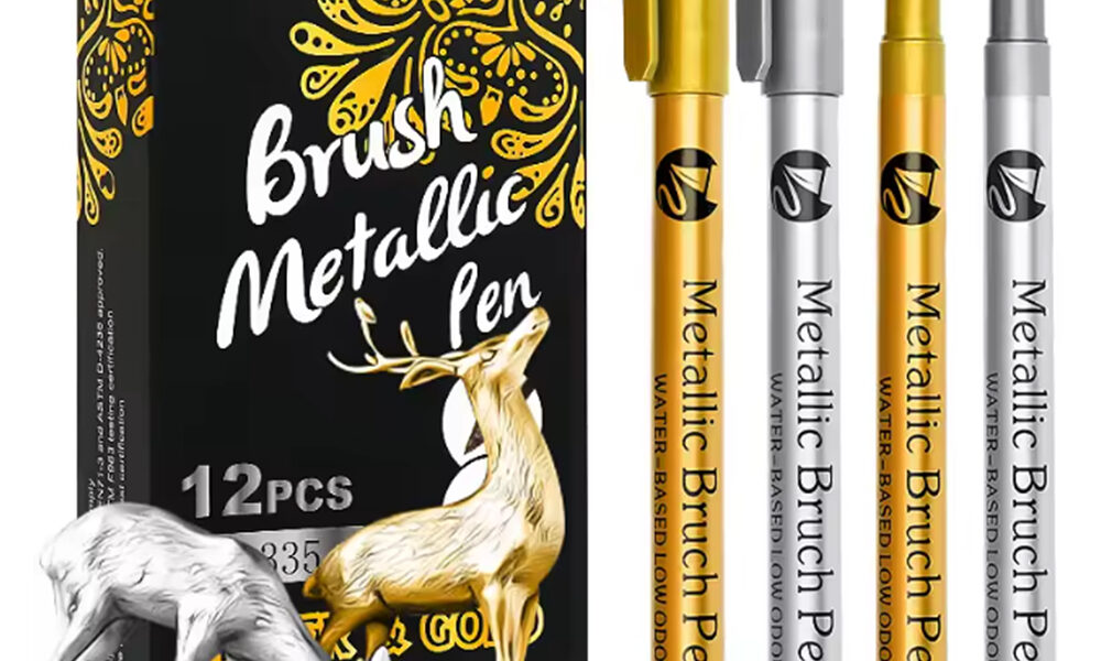 12 Canetas Metálicas Ponta Brush Pincel Marcador Permanente Prata e Dourado Tinta Óleo